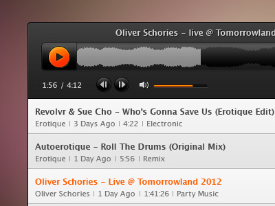 Sound Cloud Web Player black clean dark designer graphics interface lists orange page play player sound ui user interface ux