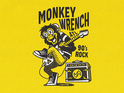 Monkey Wrench Illustration 90s rock apparel branding character design guitar illustration mascot merch monkey music rock band tshirt typography vector