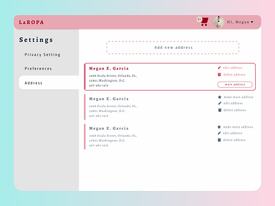 Setting page, of women clothing online shop 365 design challenge 365challenge address page dailyui online shop pastel pink setting page ui web design