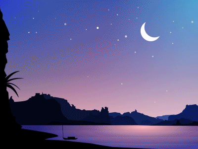 Bays Night animation boat illustration meteor shower mountain night river star