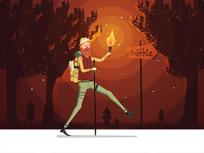 Expedition Night character dribbble explore fire illustration night trees vector walking