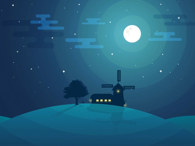Night Hill Animated after effects animation farm hill illustration light little night scenery sky tree windmill