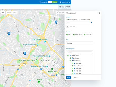 Filter for Live Vehicle Tracking activity filter iot location maps selection ui ux vehicle website