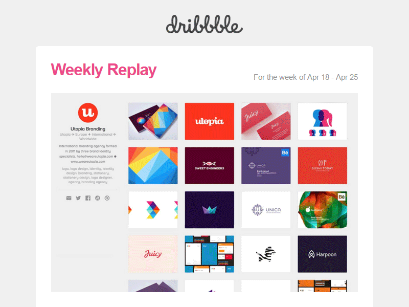 Dribbble's Weekly Replay features Utopia's playbook branding agency dribbble feature features featured logo design newsletter playbook portfolio utopia weekly replay