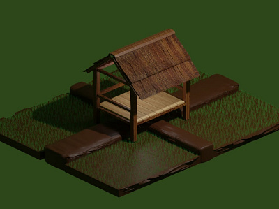 Ricefield hut 3d design illustration lowpoly