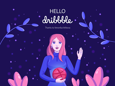 Hello Dribbble! adobe illustrator blue character design debut debut shot design art girl character hello hello dribbble hellodribbble illustration illustrations leaves nature pink vector vector art vector illustration woman portrait