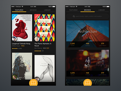 Book Sharing App app book browse dark discover featured feed ios library search sharing ui