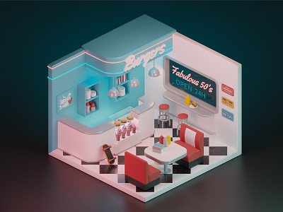 Retro Isometric Cafe 🍔 3d 3d art 3d artist 3d modeling blender blender3d burger cute art isometric retro retrowave