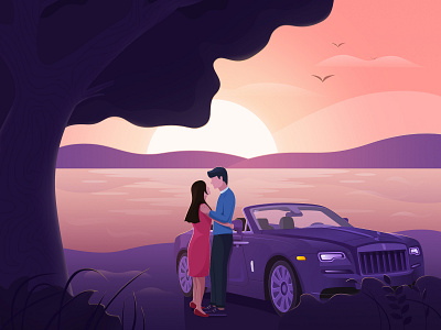 Lovers embracing car cloud design grass illustrator man mountain sea sky sun tree ui women