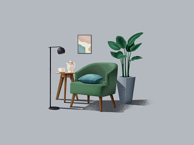 Room cup frame gray green kettle lamp pillow plant ps sofa table ui