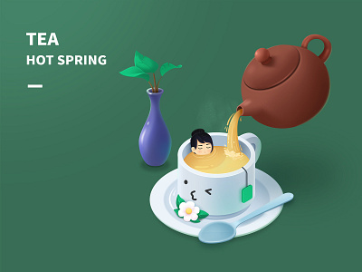 Tea green hot spring illustrator jasmine leaf plate ps scoop teacup teapot ui vase women