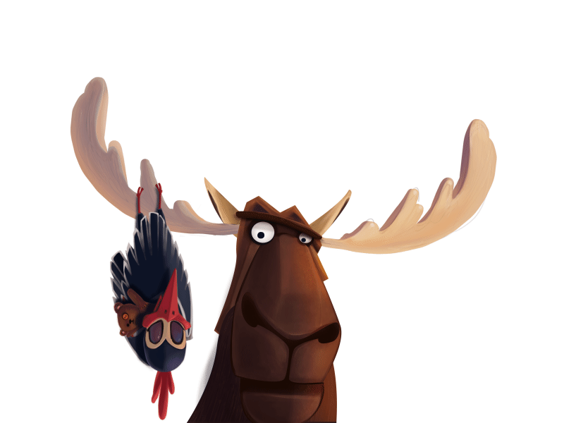 Badass elk with sleepy woodpecker [gif] animation character elk horns untime studio woodpecker