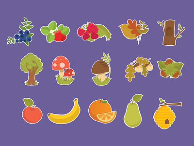 Cartoon icons apple banana ebdots eight black dots forest fruits game gui icons nuts pear tree
