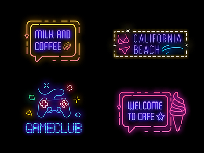 Neon Badges banner beach cafe cyberpunk cyberpunk 2077 effects fx game club icon logo modern design neon neon badges neon colors neon light neon lights neon sign title typography visual effects