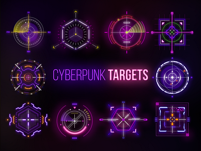 Cyberpunk Targets cyber cyber security cyberpunk cyberpunk2077 cybersecurity cybersport glow goal hud lights logo neon point points sight sign target targets technology title