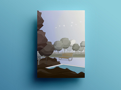 Park bench birds environment illustration out outer space park tree water