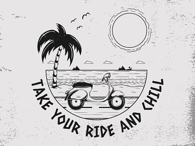 Take your ride and chill! art beach black and white logo digital digital art illustration javo designs logo old school rider scooter summer design tattoo typographic typography vector vector art vespa vintage vintage design