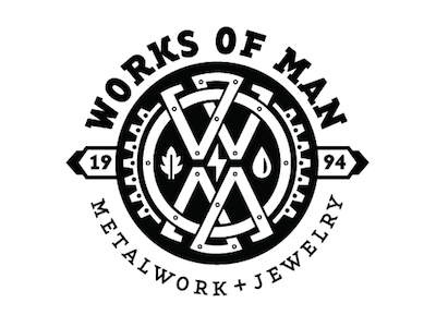 Works of Man cogs earth fire jewelry logo metal rotate water work