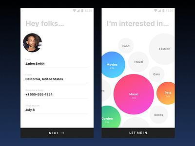 App Onboarding app gradient interests intro minimal mobile onboarding preference profile signup ux