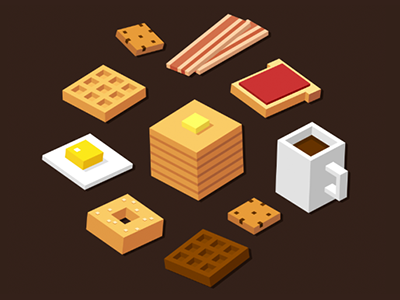 Breakfast bacon breakfast chocolate coffee cookie egg food illustration isometric pancakes toast waffles