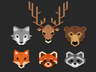 Geometric animal heads animals antlers bear deer flat fox geometric icon polygonal raccoon red panda wolf