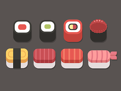 Sushi set cartoon flat food geometric icon minimal roll set simple stylized sushi vector