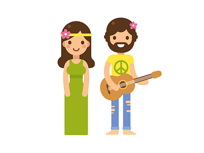 Hippies 1960s characters fashion flat flower guitar hippy music peace people style vector