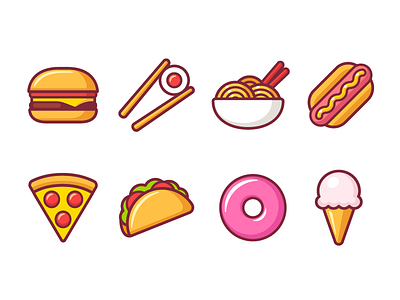 Food Icons burger cartoon donut fast food food hotdog ice cream icon noodles pizza sushi taco