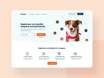 Concept homepage for a pet registration platform clean design focus header hero image hero section simple webdesign white