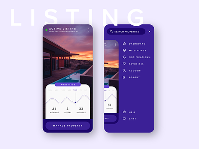 Real Estate App - Listing & Menu View app design interaction design menu modern navigation purple ui ux xd