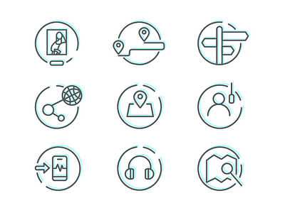 Icons for WAY.ME presentation audio direction gallery guide headphones icons journey linear map phone pin share