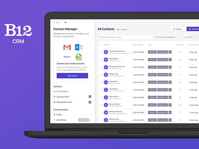 B12 Customer relationship manager admin design clean contact list contacts crm dashboard design drilldown list profile purple table ui ux