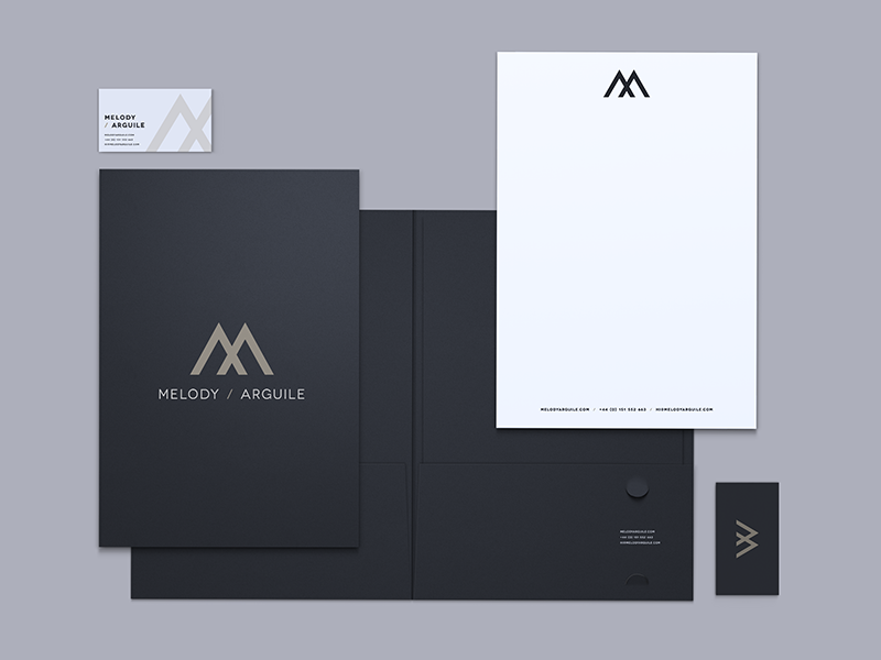Melody / Arguile Stationery stationery presentation folder letterhead business card melody arguile jonny delap print branding visual identity logo typography visual identity