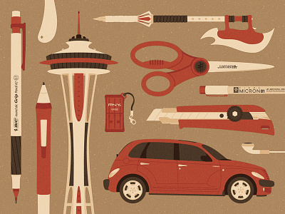 My Favorite Things WIP axe scythe buffy the vampire slayer car vehicle design tools essentials flat vector iconography illustration objects pt cruiser seattle washington space needle