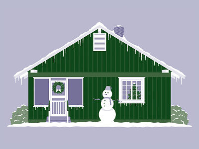 Winter Cottage chimney christmas advent cottage cabin house flat vector holiday iconography illustration kanuga snowman window door steps porch roof winter snow icicles wreath tree evergreen
