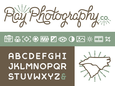 Ray Photography Co. WIP brand identity cursive script geometric alphabet hand lettering icons iconography letterpress texture monoweight monoline nc sc carolina photography photographer ray burst wordmark logo