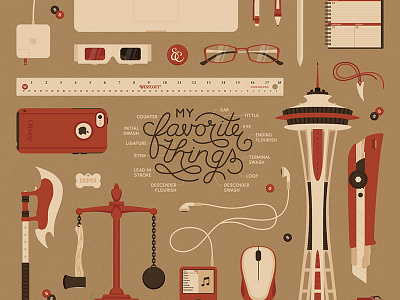 My Favorite Things Final 3d glasses apple mac iphone ipod candy skittles crime and punishment design tools dog tag essentials objects fang necklace flat vector illustration justice scale axe ball chain scythe buffy the vampire slayer space needle seattle washington