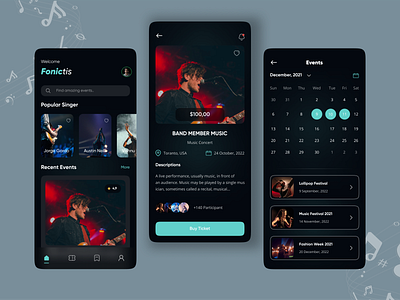 Music Event App UI Design artist app booking concert dark app dark ui entertainment event event app fastival minimal minimalist mobile app music app party app product design schedule ticket app ui design uiux ux research