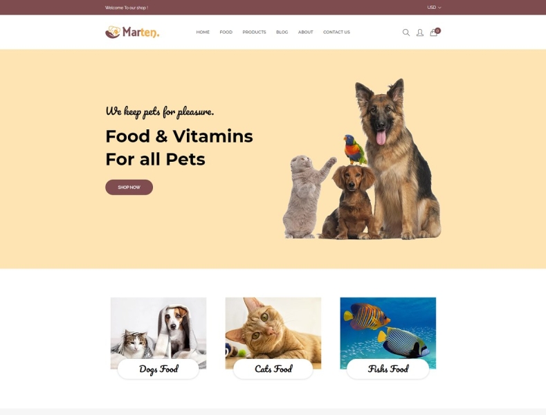 Pet Food Shopify Theme Marten 3d animal care store animation app branding design graphic design illustration illustrator logo motion graphics pet food pet store shopify shopify theme store shopify theme theme ui web website