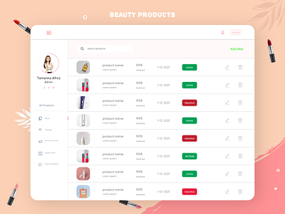 beauty products dashboard ui