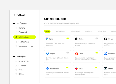 Settings — Integrations Page dashboard design settings ui webdesign