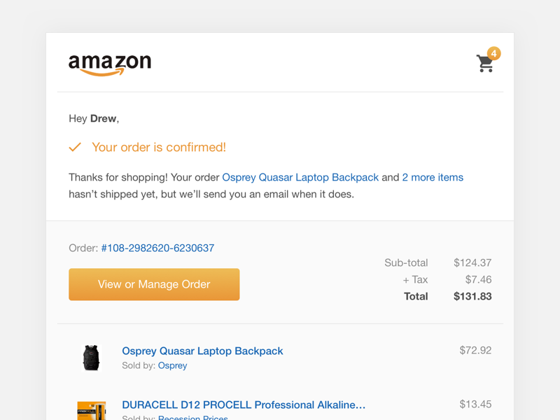 Amazon Order Confirmation Email by Drew Christiano on Dribbble