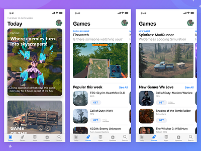 Games in the App Store - Daily UI Challenge 015 app app design cards concept concept design dailyui firewatch fortnite game gaming ios minimal mudrunner skyrim spintires steam ui