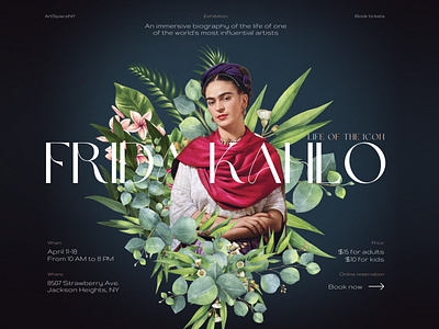 Landing page — Frida Kahlo's art exhibition 3d adaptive adventure art art museum branding clean creative design exhibition flowers frida kahlo illustration landing page design logo style ui vector