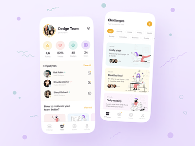 Corporate Wellness App add advice badges challenges design employees goals growth healthy icons illustrations members messages mobile mood motivate rating statistics tags team