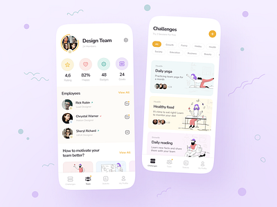 Corporate Wellness App add advice badges challenges design employees goals growth healthy icons illustrations members messages mobile mood motivate rating statistics tags team