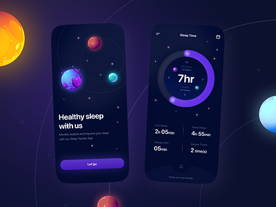 Sleep Tracker App - Mobile App awake branding calendar clean healthy illustration mobile morning night planets sleep space stars statistics swipe time timer tracker ui ux