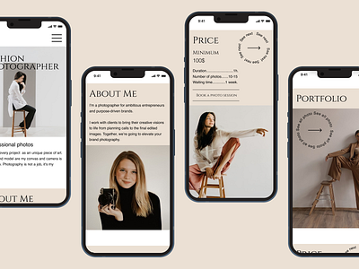 Fashion photographer website on mobile device branding figma mobil ui ux website for photographer website on mobile сайт для фотографа