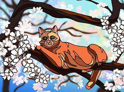 Red cat flowers illustration дерево кот лето рыжий кот