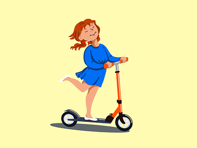 Scooter girl childhood illustration kick scooter procreate red haired girl ride a scooter
